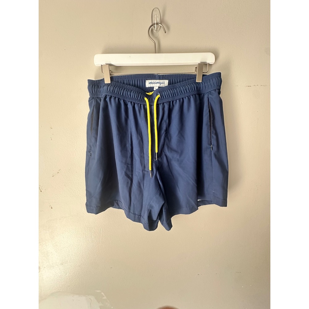 Maamgic Mens Swim Trunks Navy Blue Yellow Drawstring Mesh Lined Shorts Size L